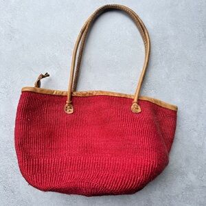 Vintage African Sisal Woven Red Tote Bag with Tan Handles